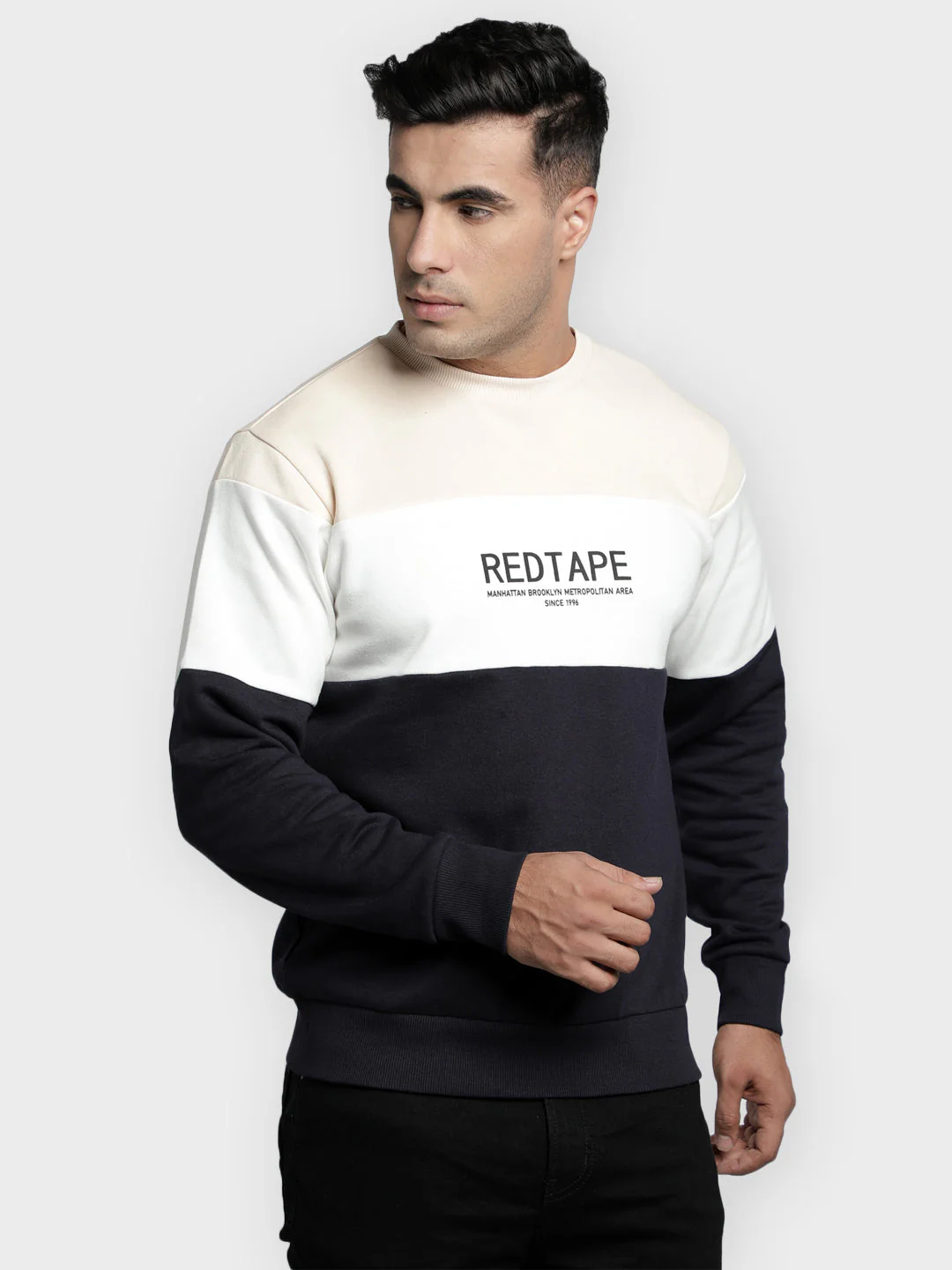 Men's Navy Color Block Graphic Print Cotton Poly Fleece Sweatshirt - Image 3