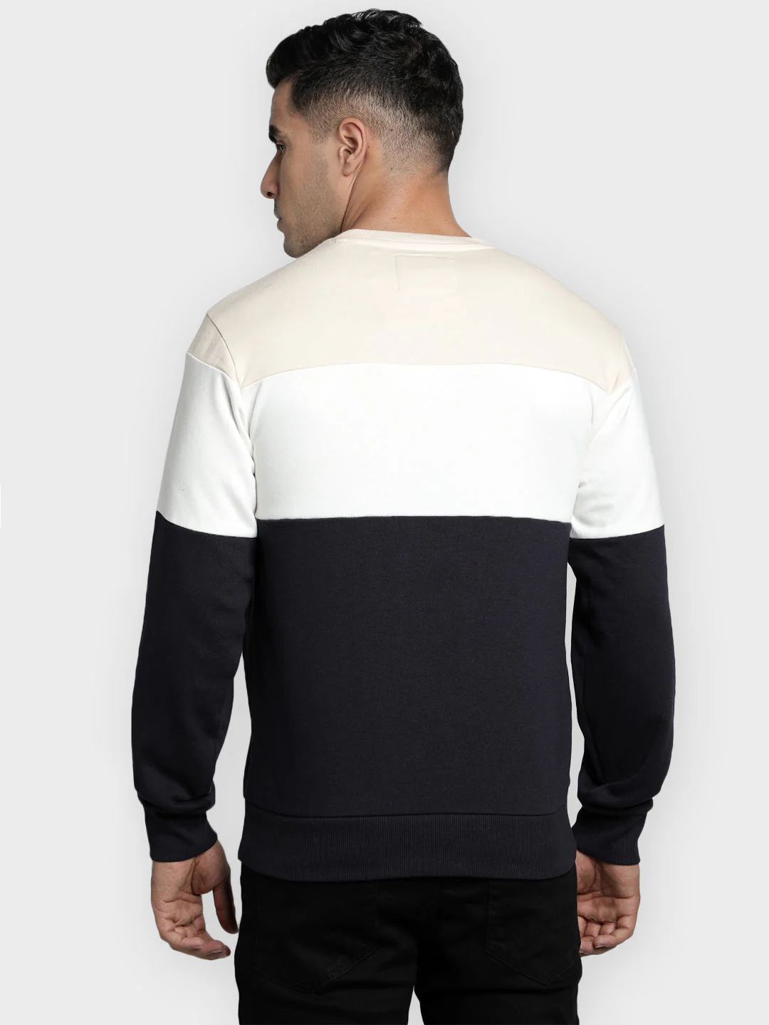 Men's Navy Color Block Graphic Print Cotton Poly Fleece Sweatshirt - Image 5