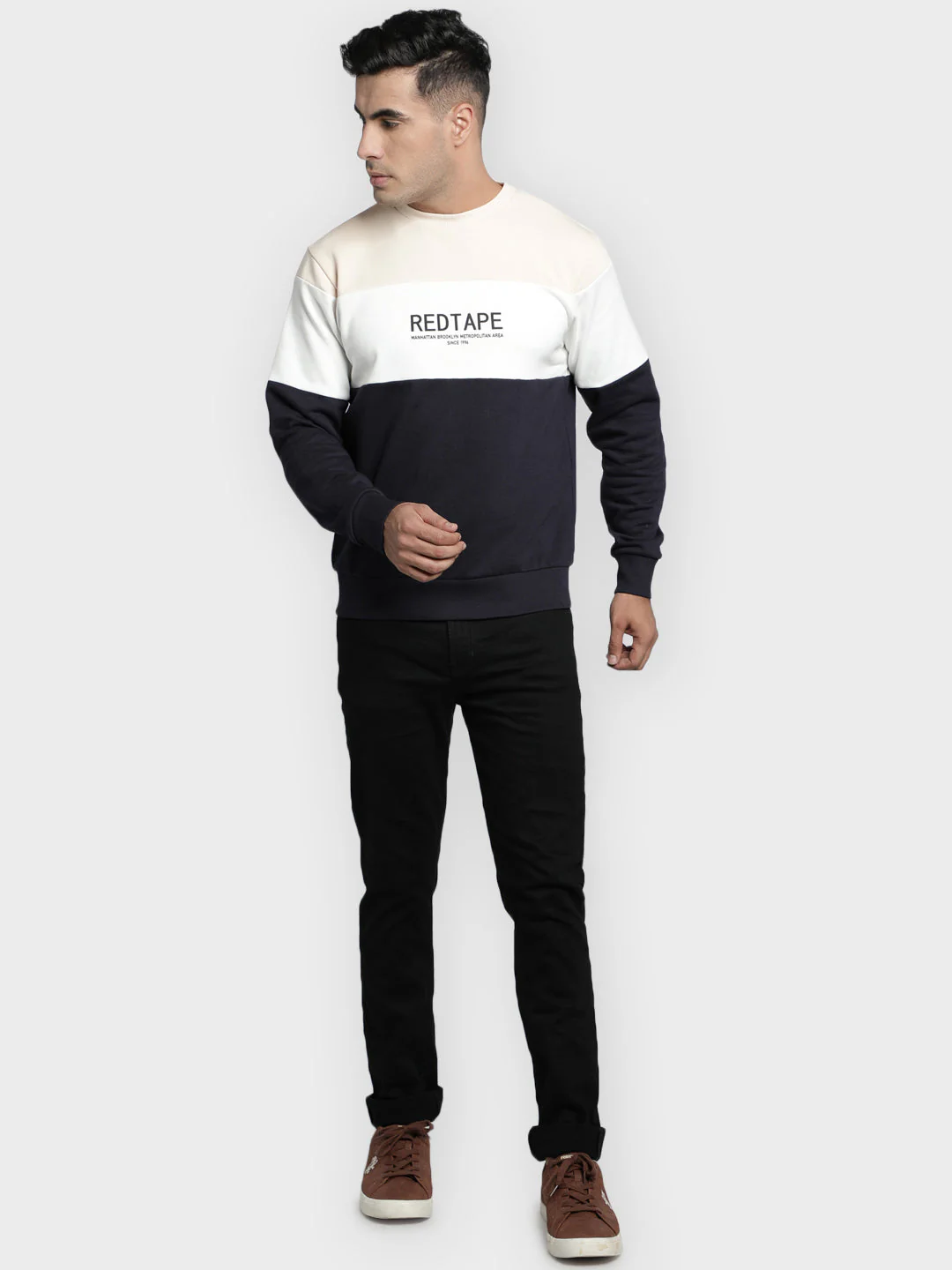 Men's Navy Color Block Graphic Print Cotton Poly Fleece Sweatshirt - Image 6