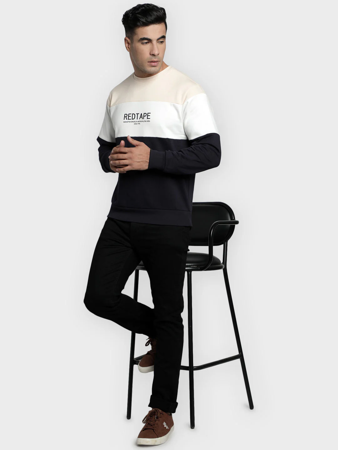 Men's Navy Color Block Graphic Print Cotton Poly Fleece Sweatshirt - Image 7
