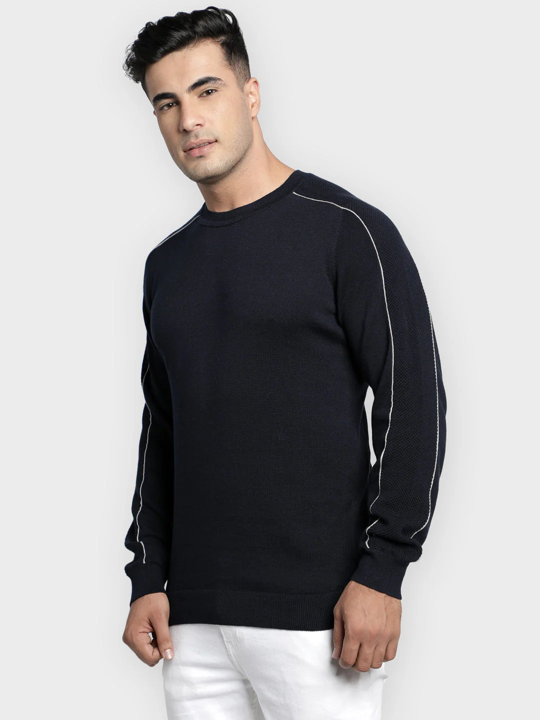 Men's Navy Solid Pure Cotton Sweater - Image 2