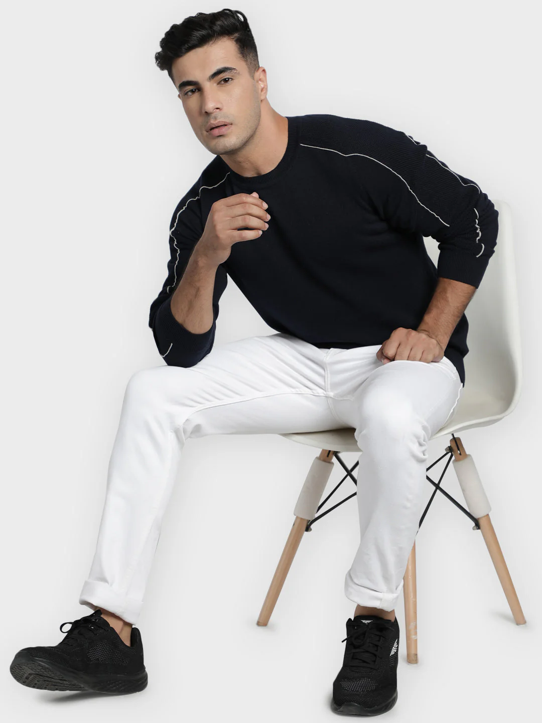 Men's Navy Solid Pure Cotton Sweater - Image 3