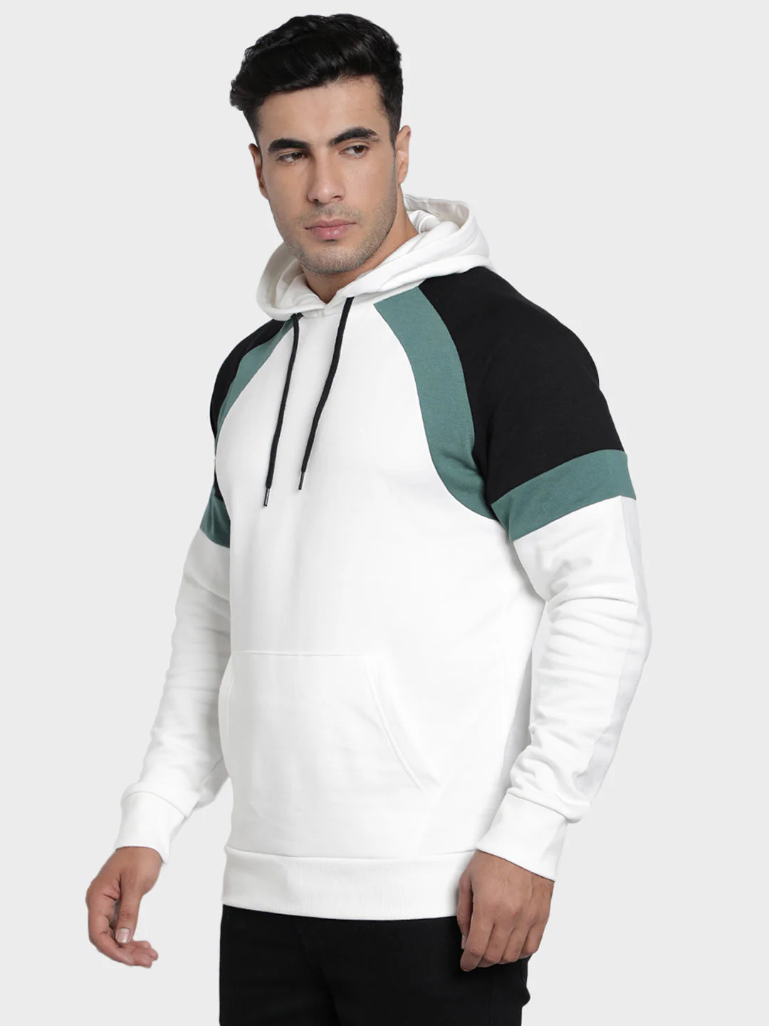Men's Off White Color Block Cotton Polyester Hoodie - Image 2
