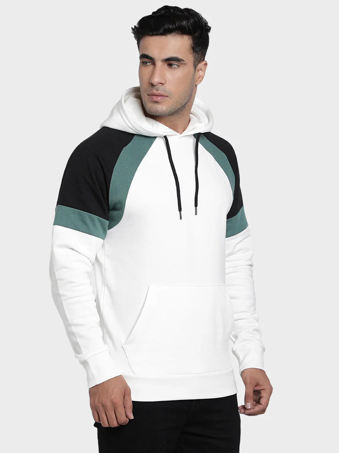 Men's Off White Color Block Cotton Polyester Hoodie - Image 3