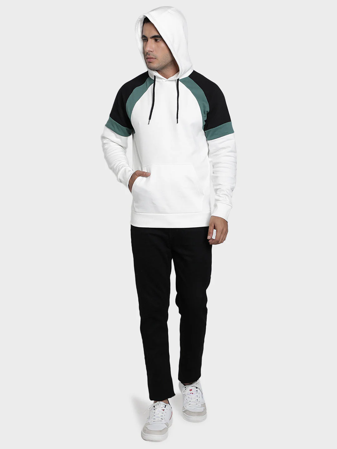 Men's Off White Color Block Cotton Polyester Hoodie - Image 6