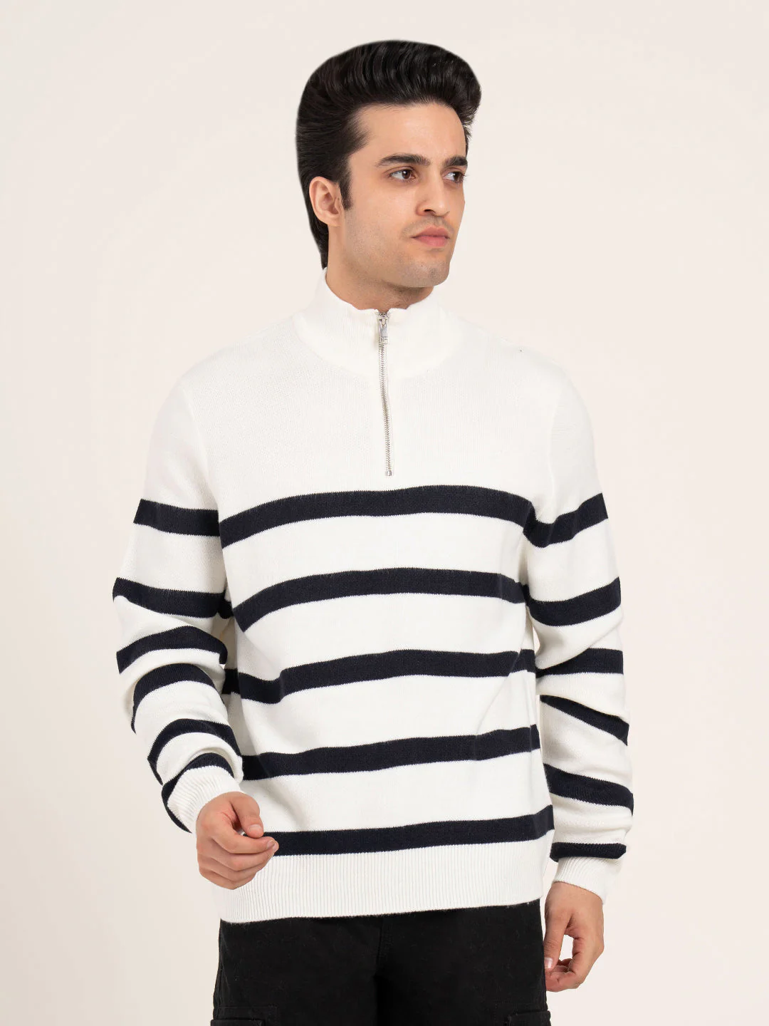 Men's Off-White Half Zip Striped Sweater | Cozy Winter Classic - Image 2