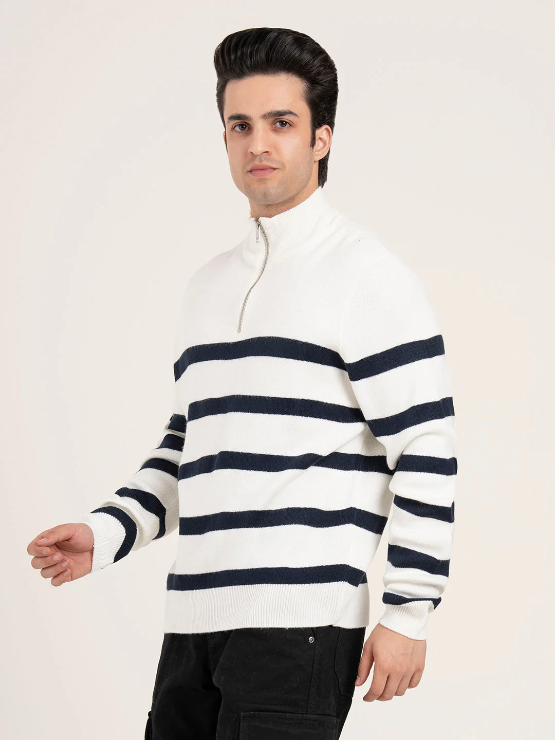 Men's Off-White Half Zip Striped Sweater | Cozy Winter Classic - Image 3