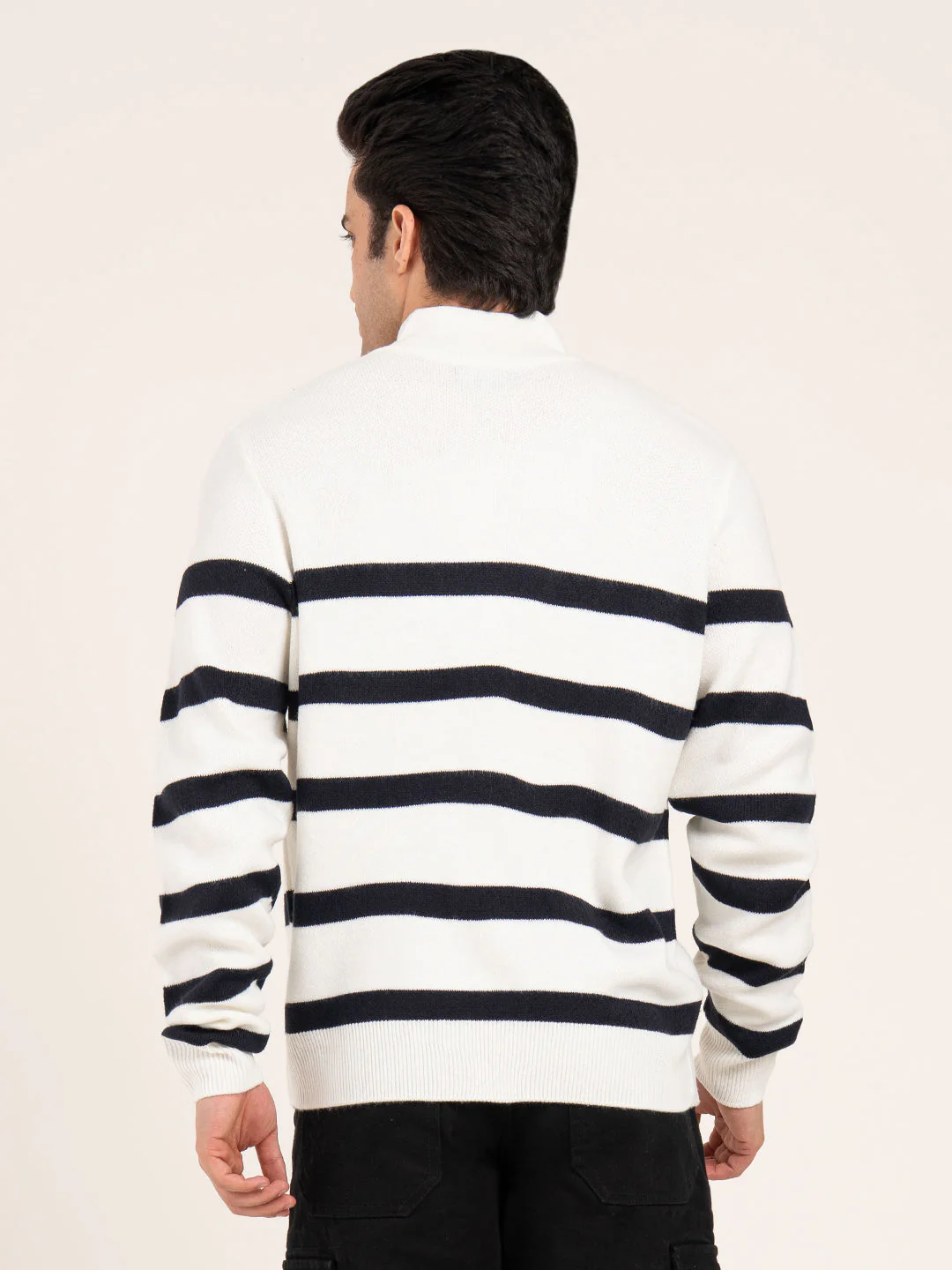 Men's Off-White Half Zip Striped Sweater | Cozy Winter Classic - Image 4