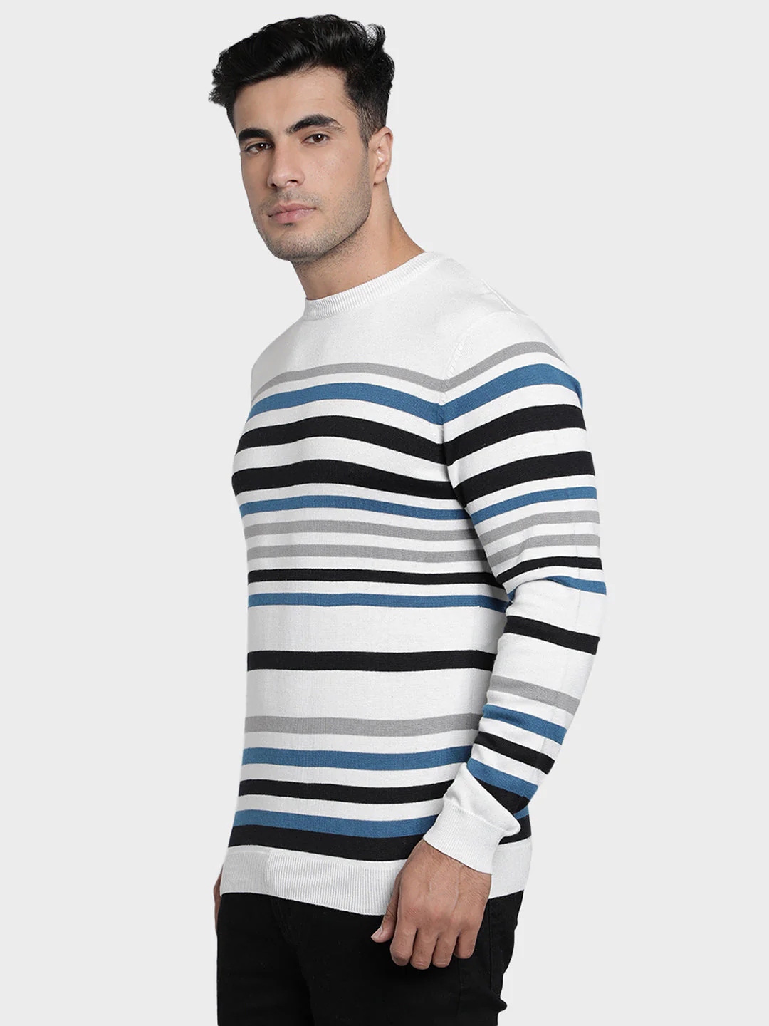 Men's Off-White Striped Acrylic Cotton Sweater - Image 2