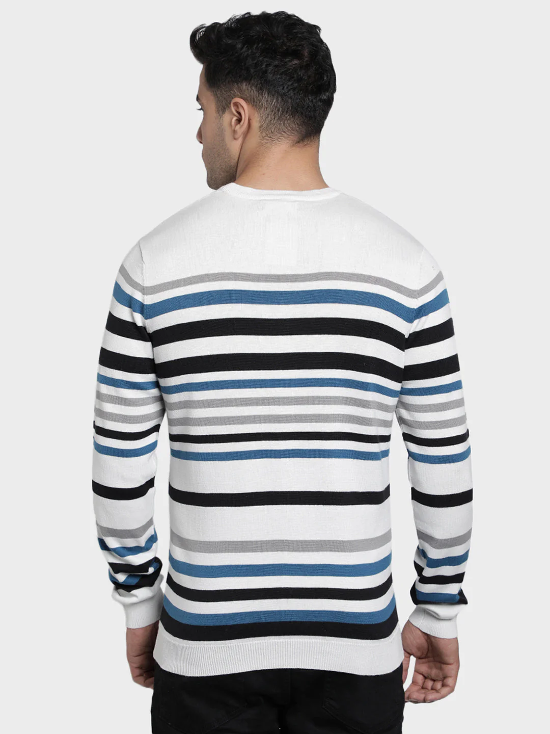 Men's Off-White Striped Acrylic Cotton Sweater - Image 3