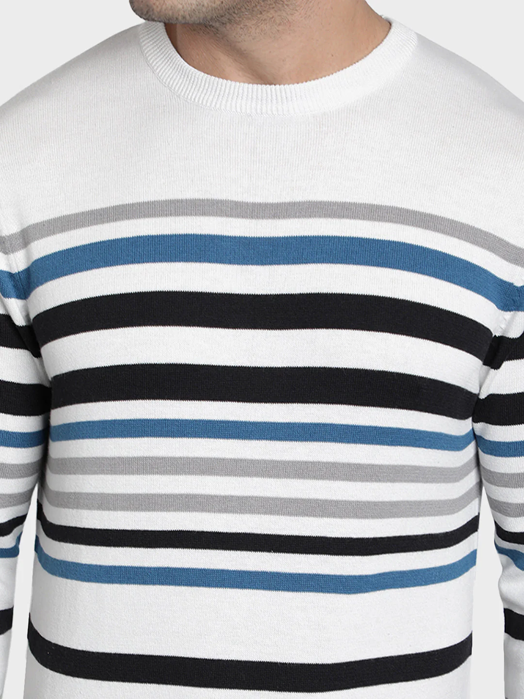 Men's Off-White Striped Acrylic Cotton Sweater - Image 4