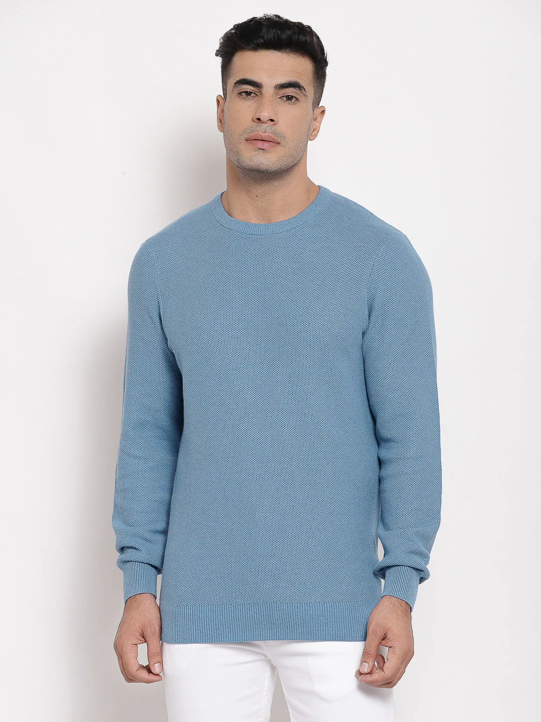 Men's Self Design Mid Blue Sweater
