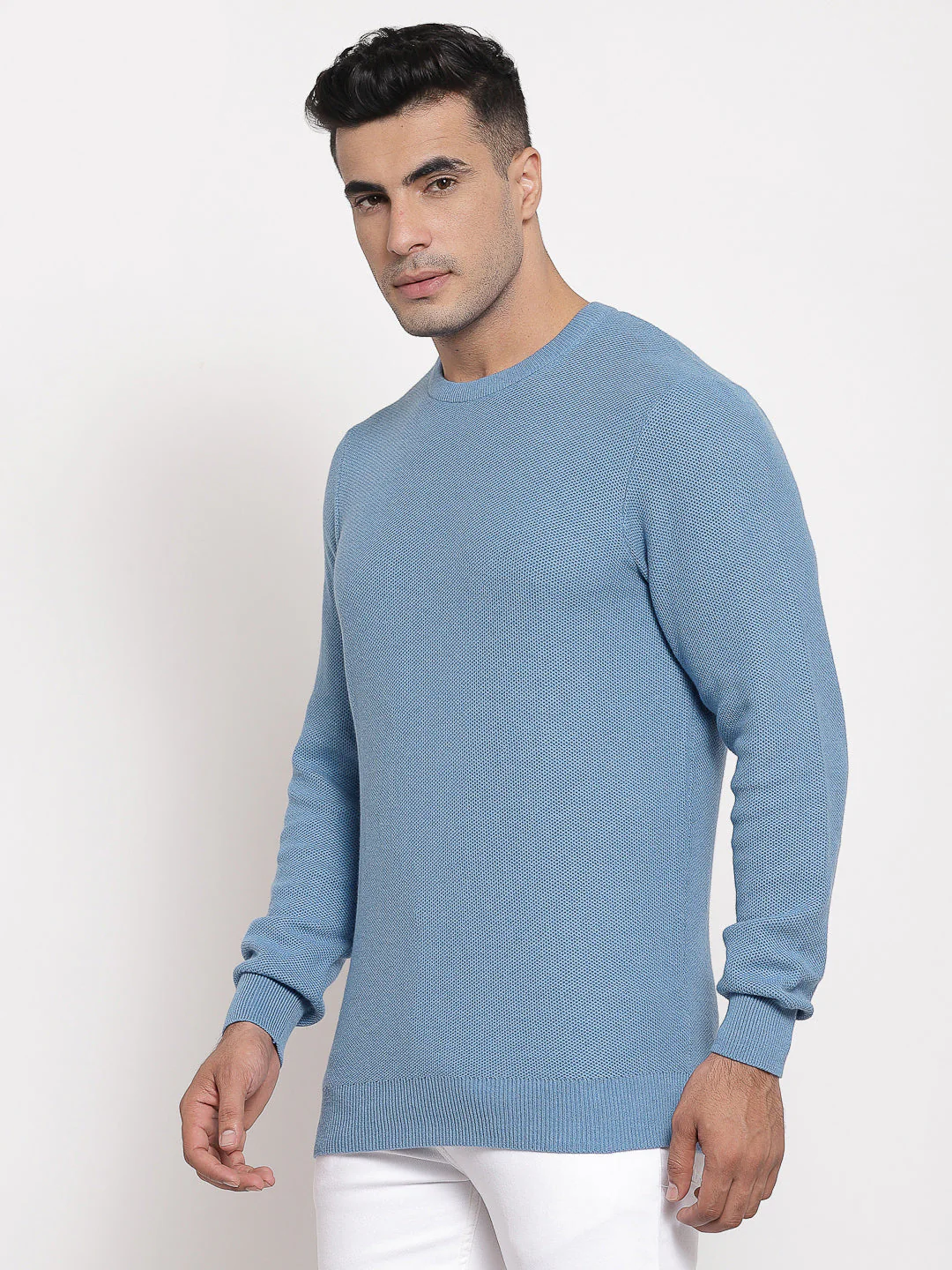 Men's Self Design Mid Blue Sweater - Image 2