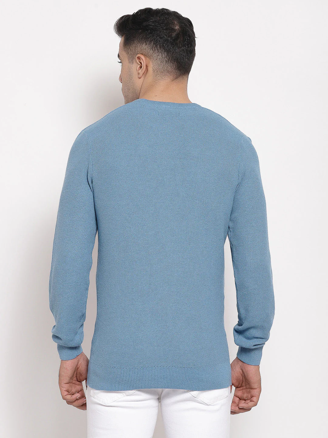 Men's Self Design Mid Blue Sweater - Image 3
