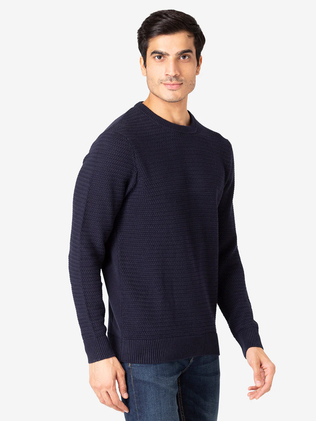 Men's Self Design Navy Sweater - Image 3