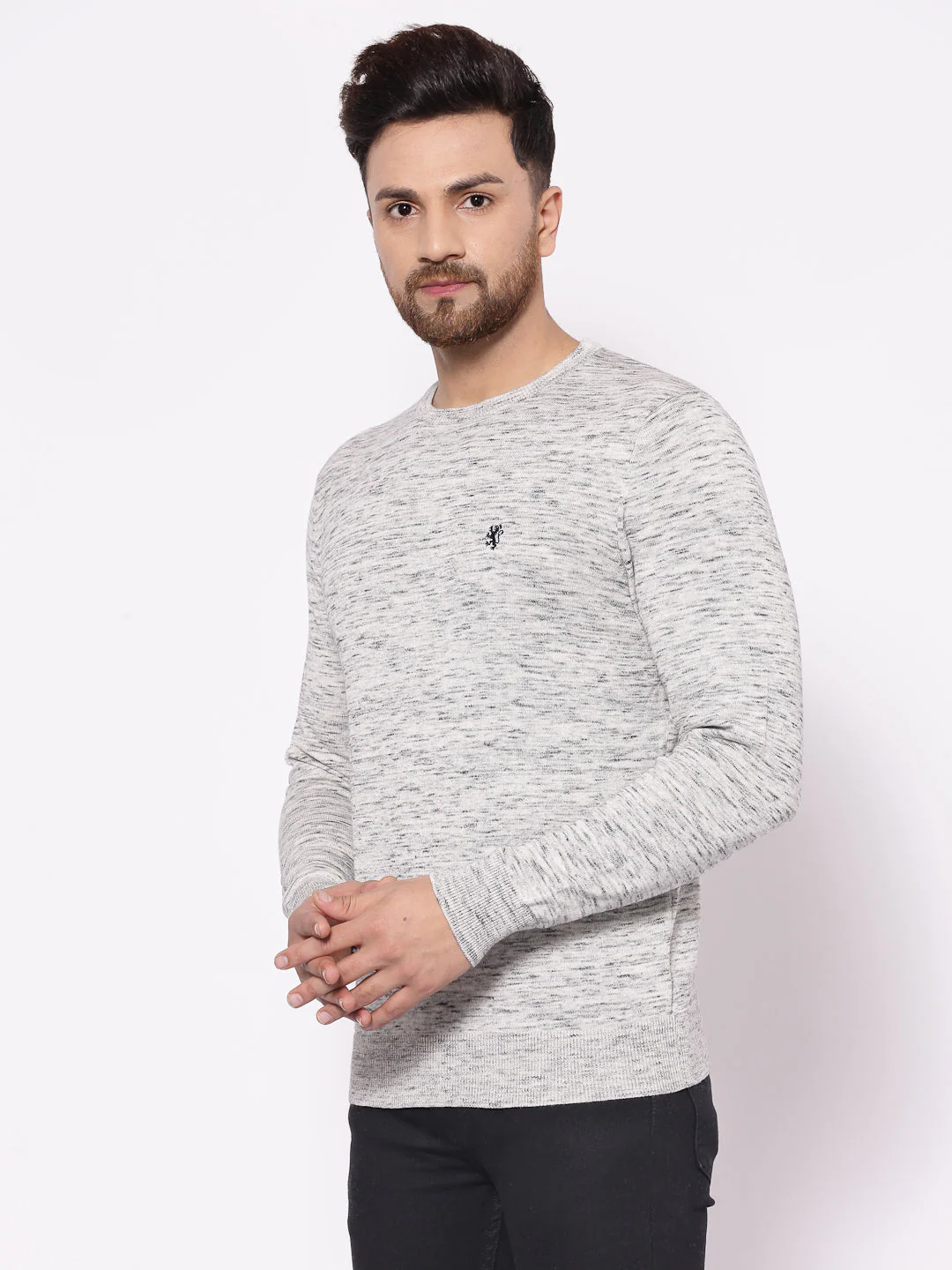 Men's Self Design Off White Melange Sweater - Image 2