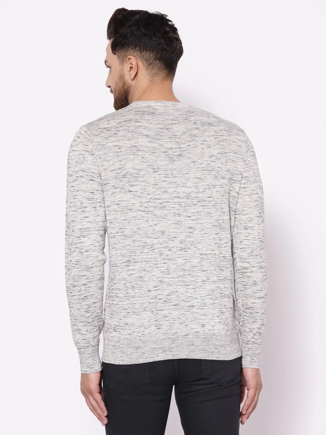 Men's Self Design Off White Melange Sweater - Image 3