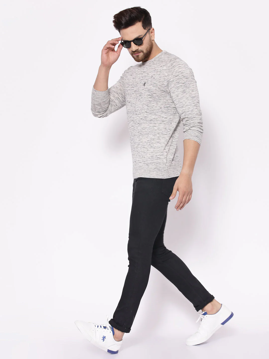 Men's Self Design Off White Melange Sweater - Image 4