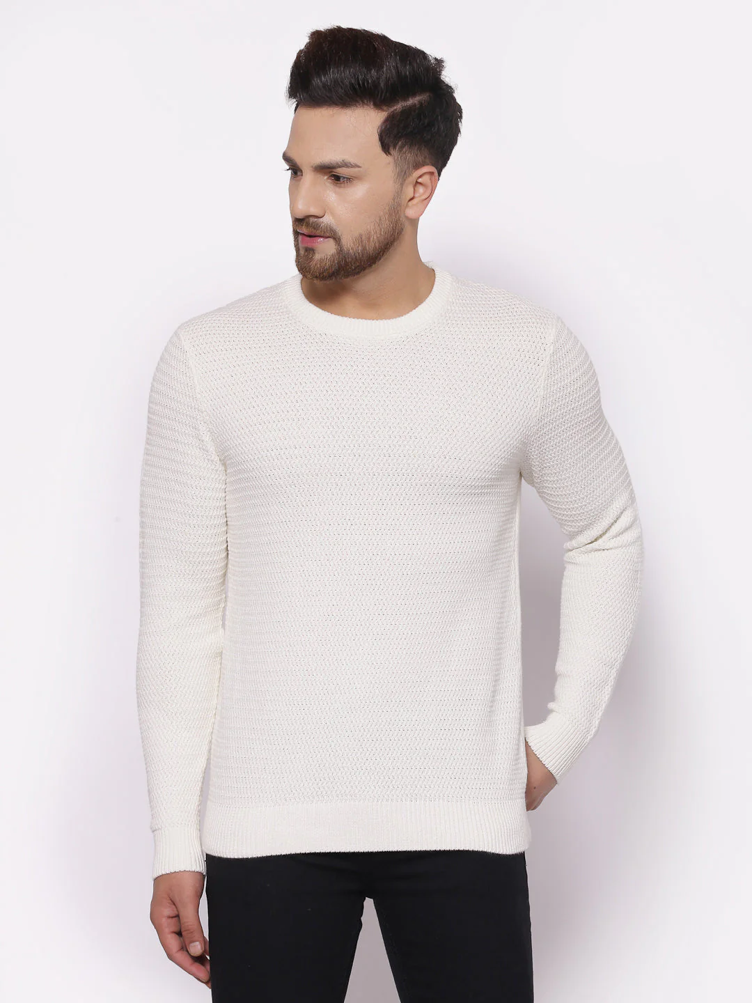 Men's Self Design Off White Sweater