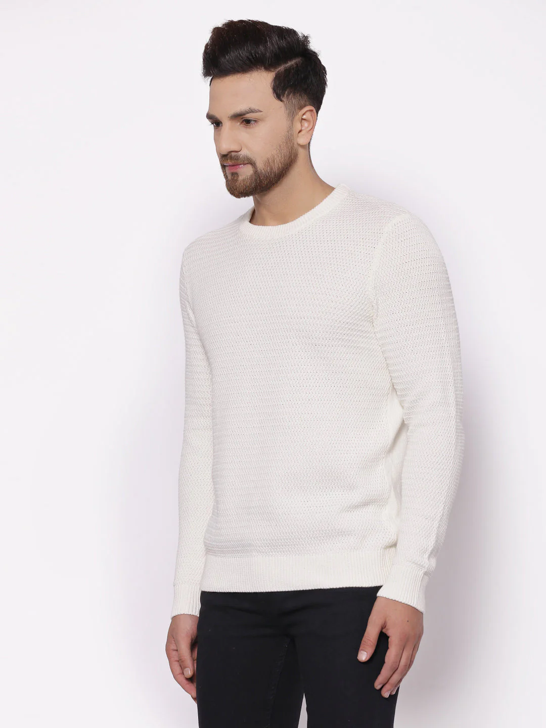 Men's Self Design Off White Sweater - Image 2