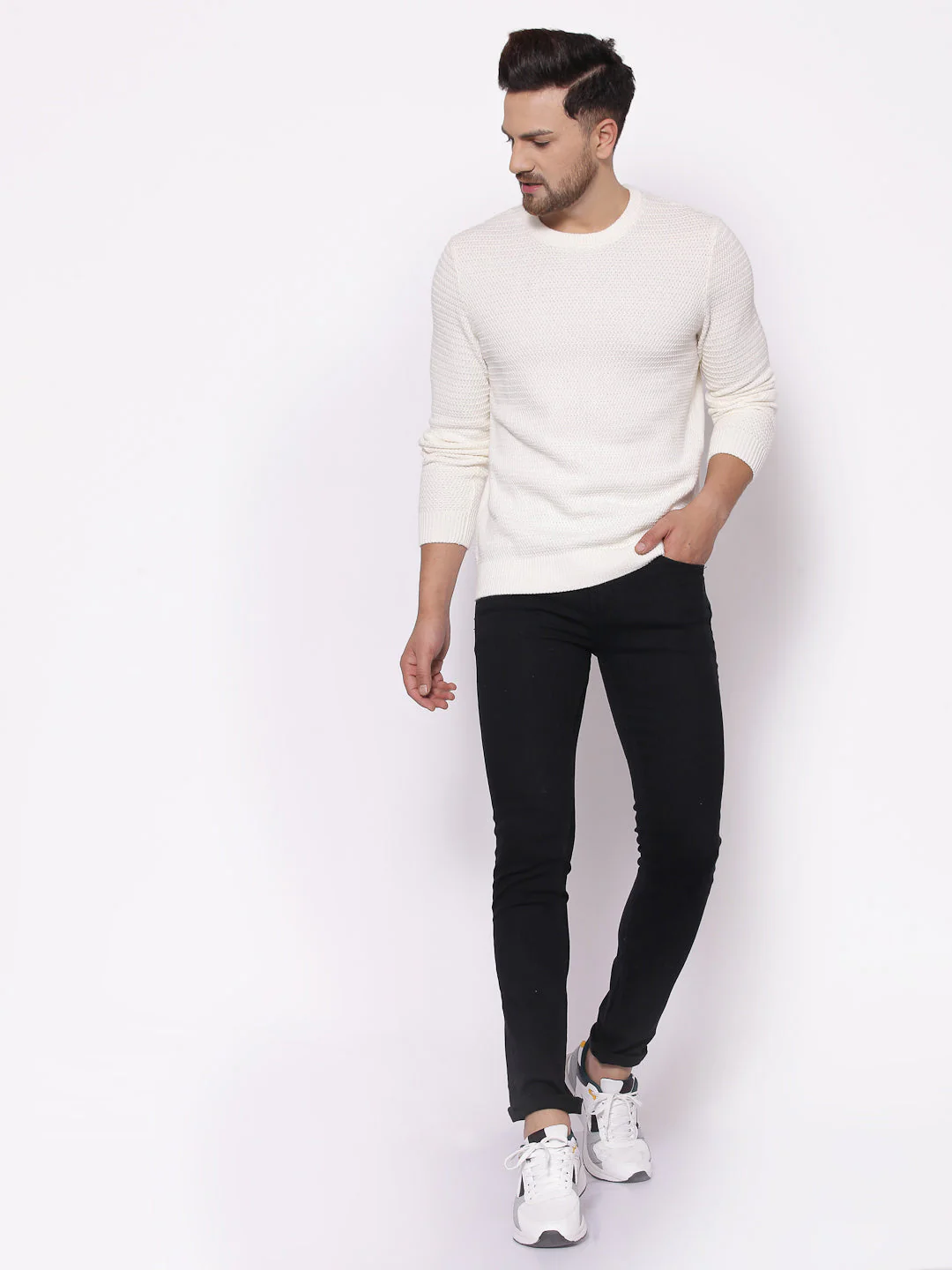 Men's Self Design Off White Sweater - Image 4