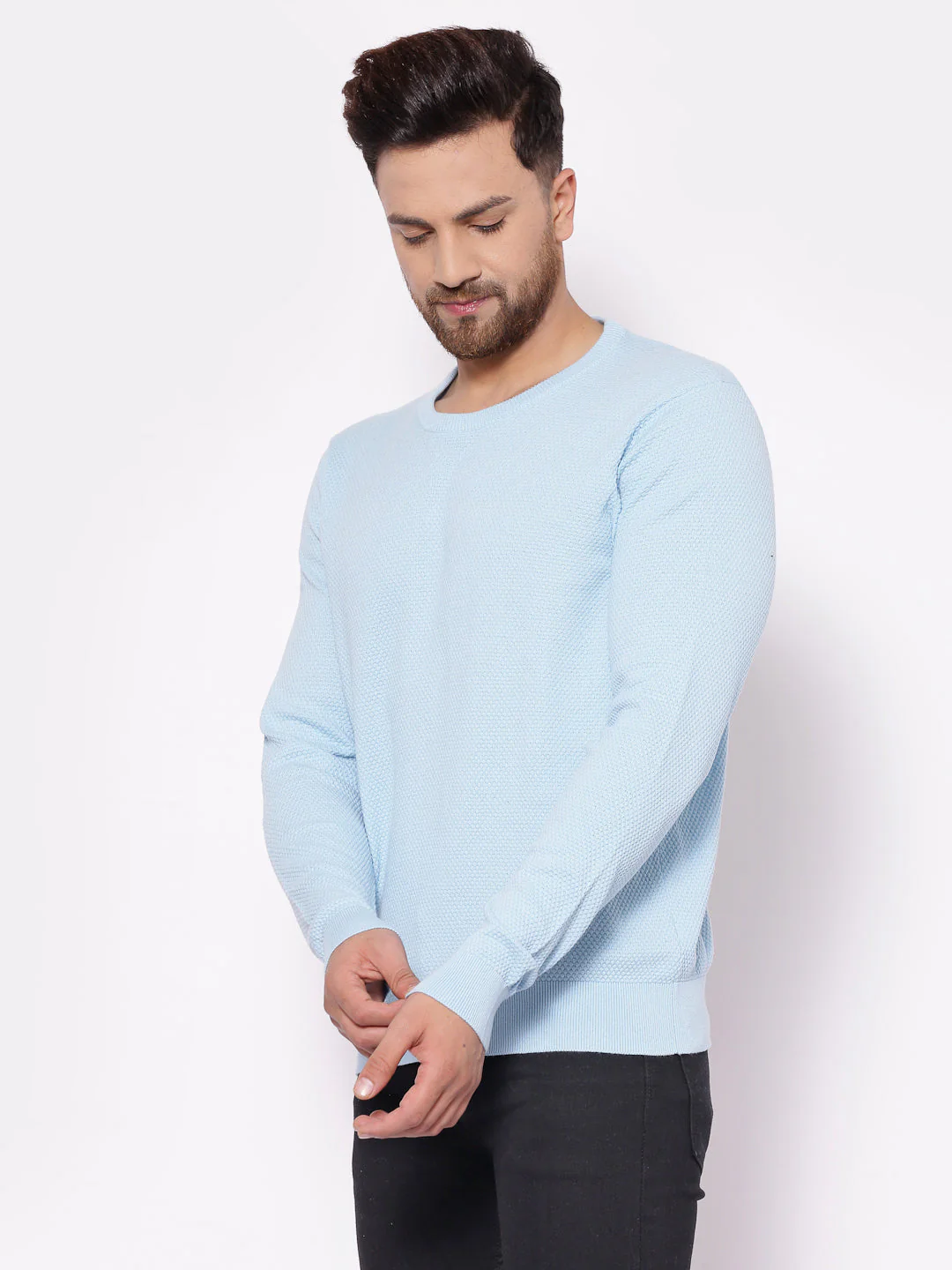 Men's Self Design Sky Blue Sweater - Image 2
