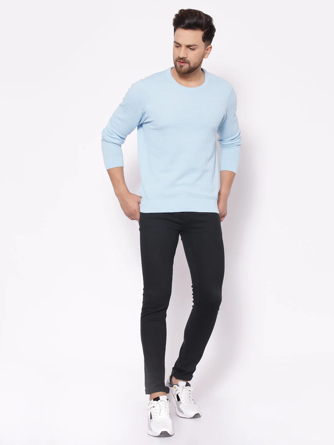 Men's Self Design Sky Blue Sweater - Image 4