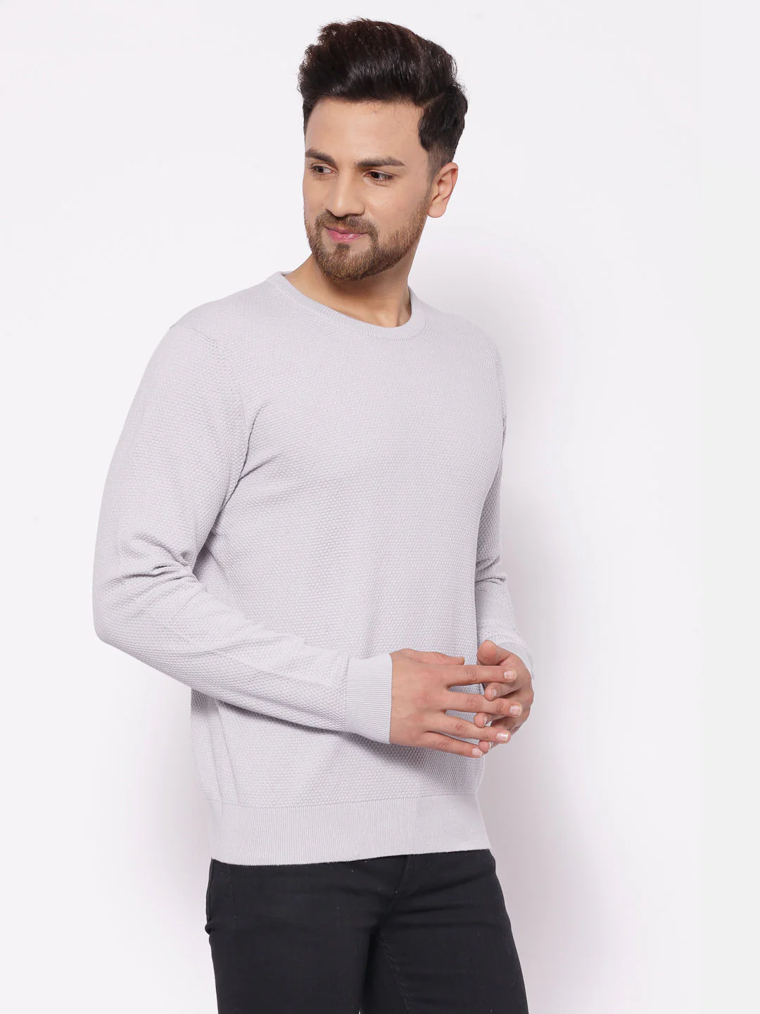 Men's Self Design Grey Sweater - Image 2