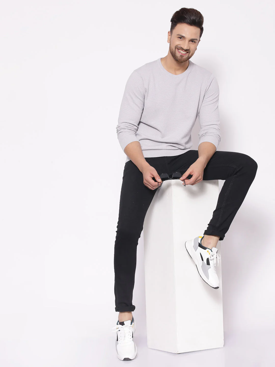 Men's Self Design Grey Sweater - Image 4
