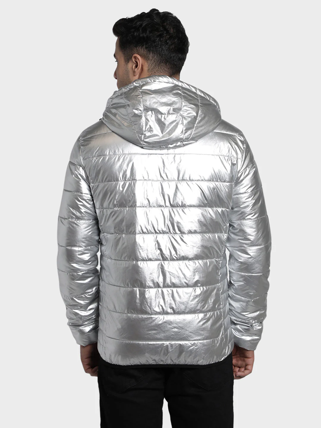 Men's Silver Solid Polyester Jacket - Image 3