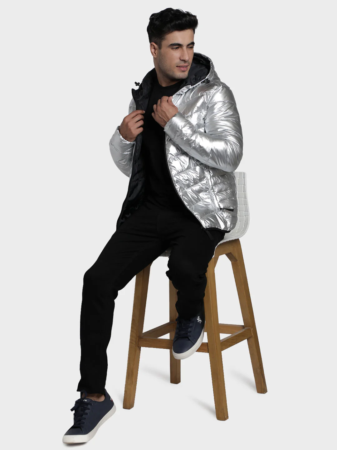 Men's Silver Solid Polyester Jacket - Image 5