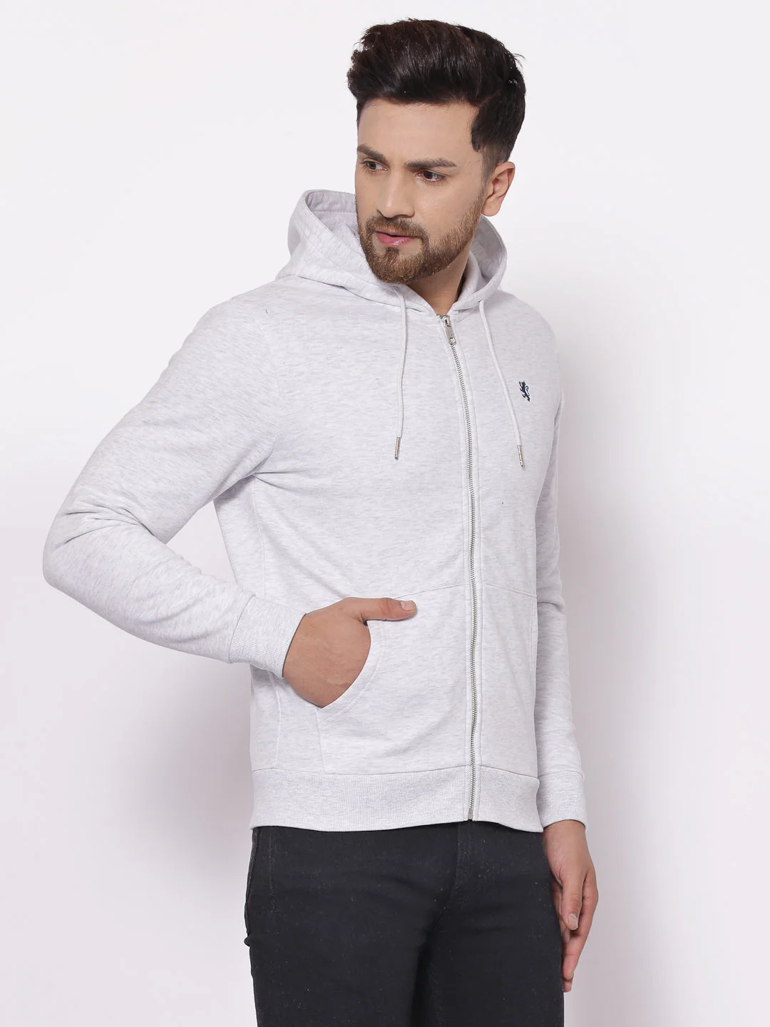 Men's Solid Light Grey Melange Hoodies - Image 3