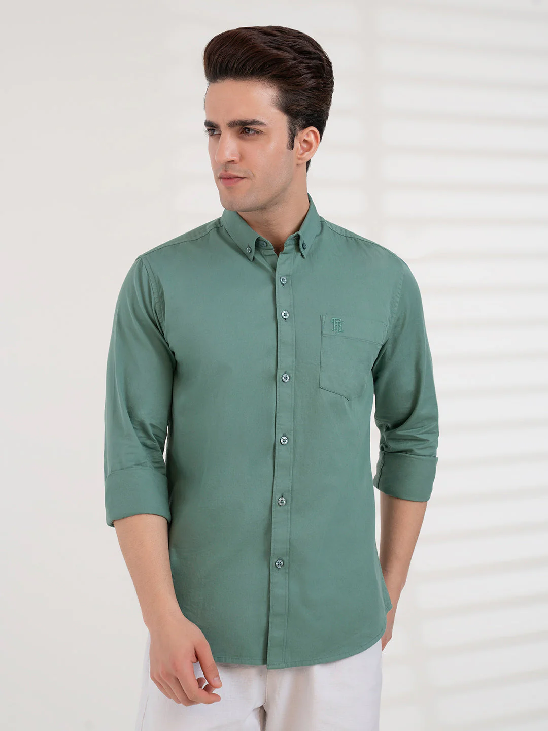 Men's Stone Green Twill Shirt | Casual Everyday Wear - Image 2