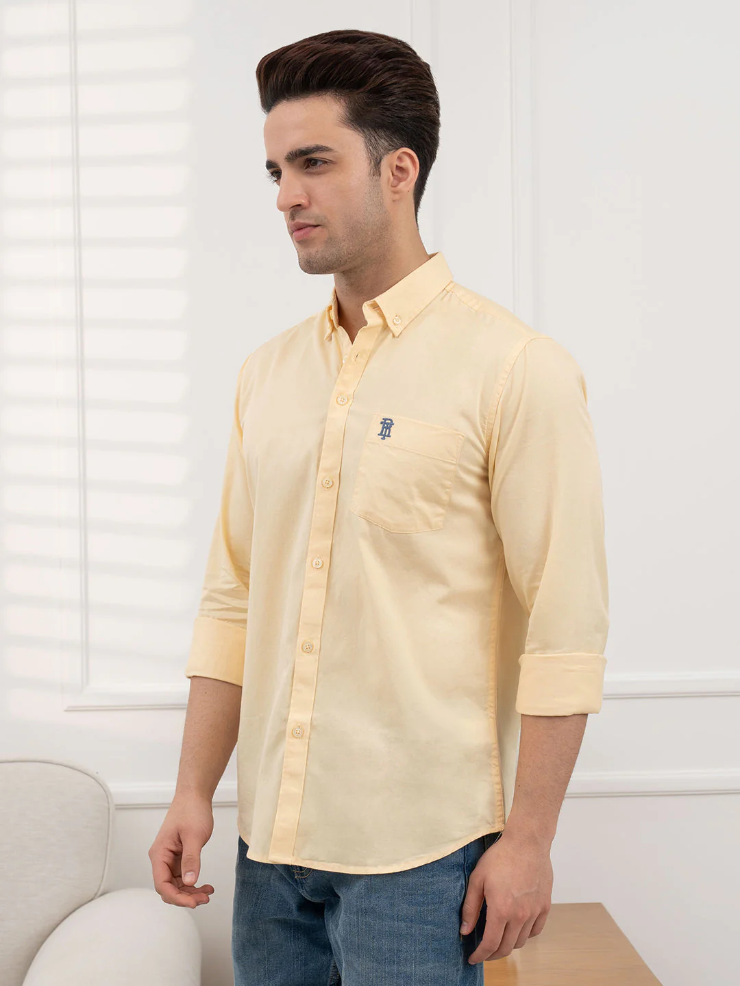Men's Twill Shirt in Pastel Yellow | Casual Comfort Wear - Image 3