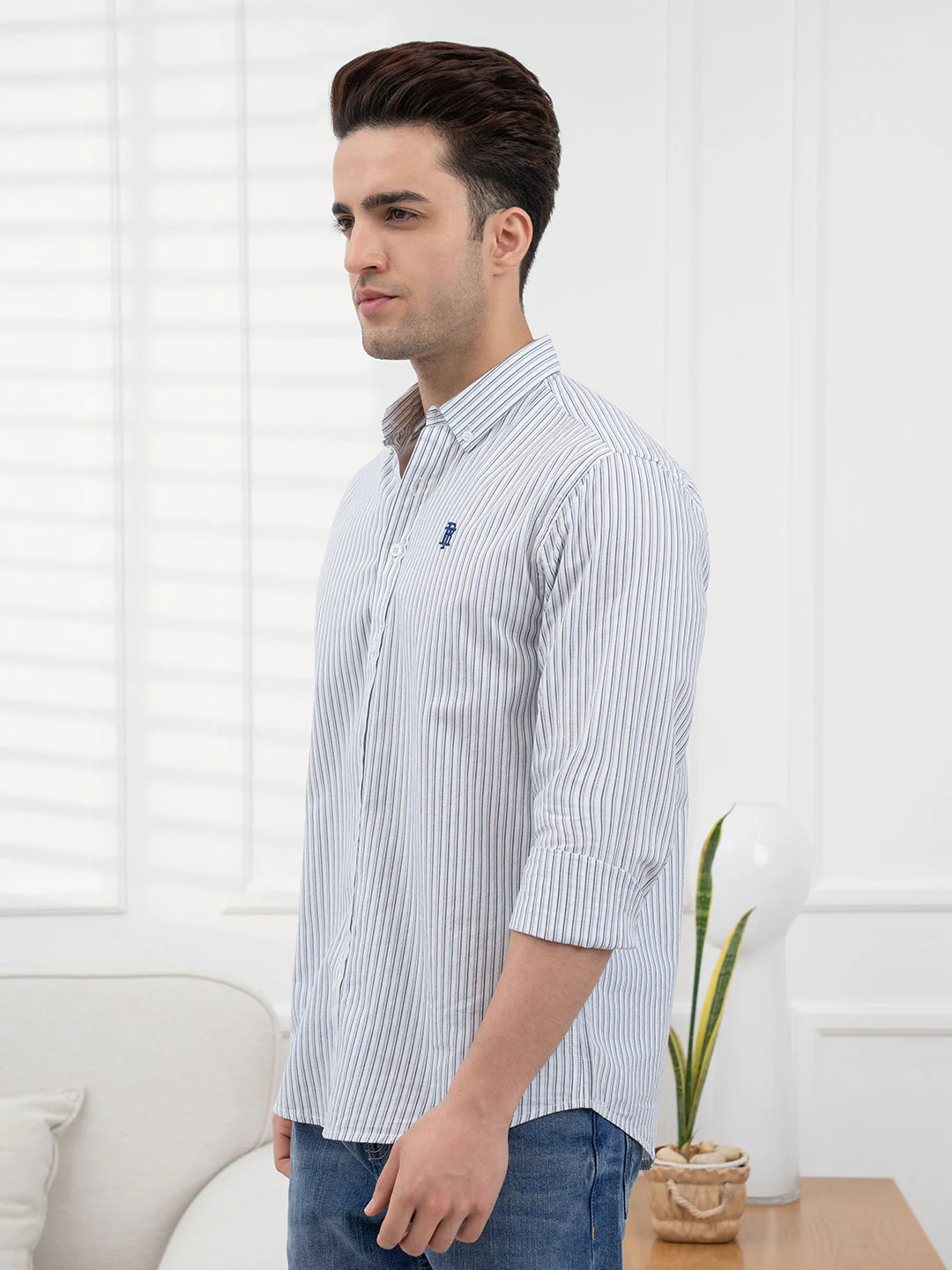 Men's Twill Shirt | Navy Striped Casual Comfort Wear - Image 3