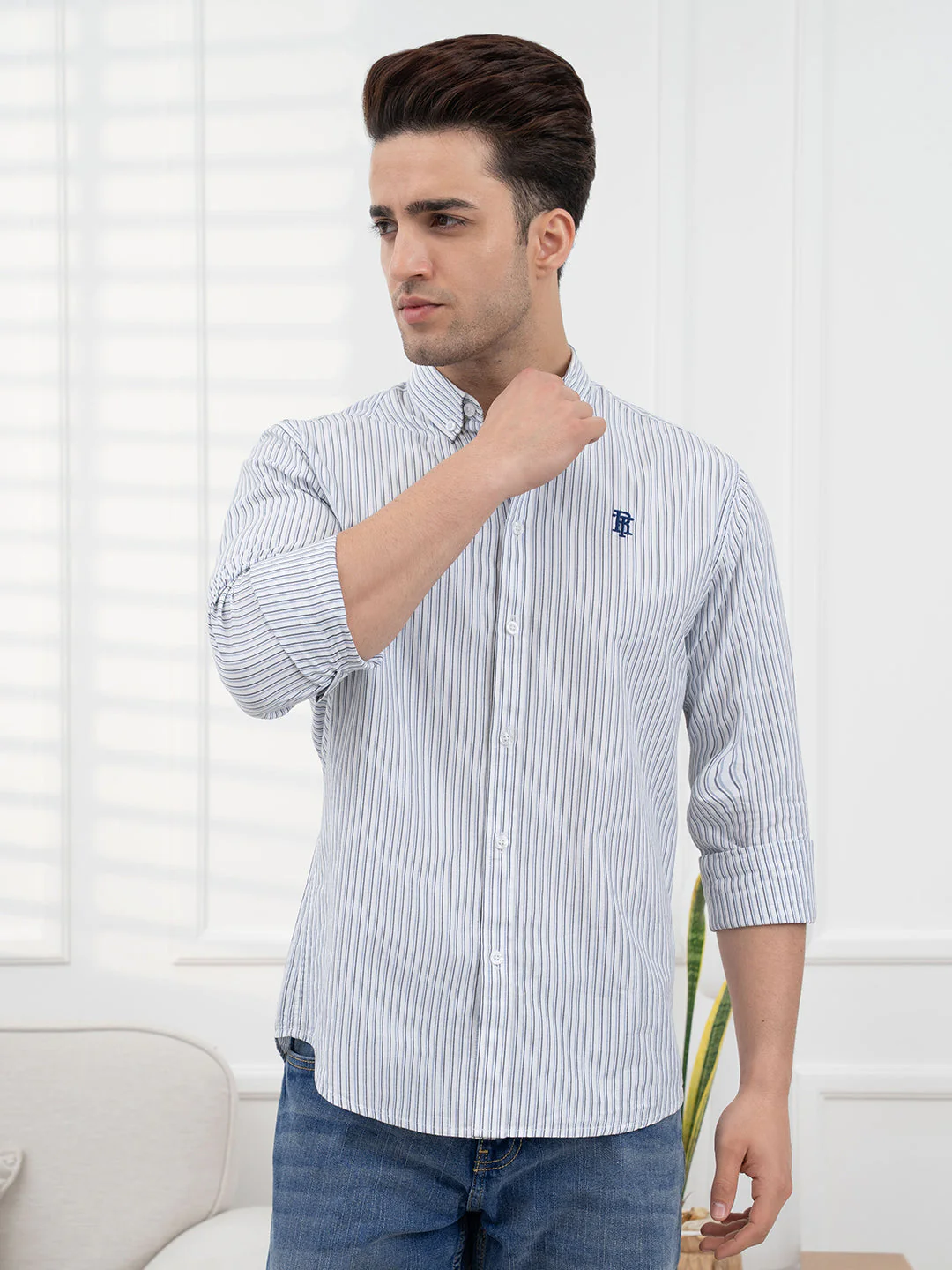 Men's Twill Shirt | Navy Striped Casual Comfort Wear - Image 6