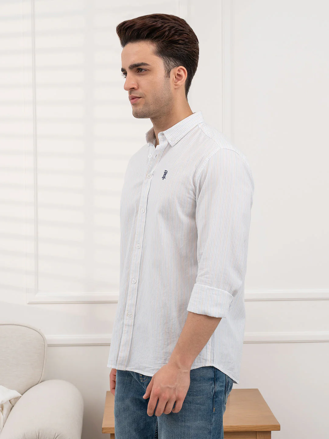 Men's Twill Shirt | Yellow Striped Casual Comfort Wear - Image 3