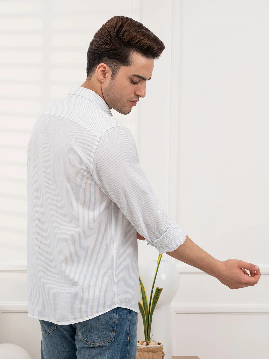 Men's Twill Shirt | Yellow Striped Casual Comfort Wear - Image 4