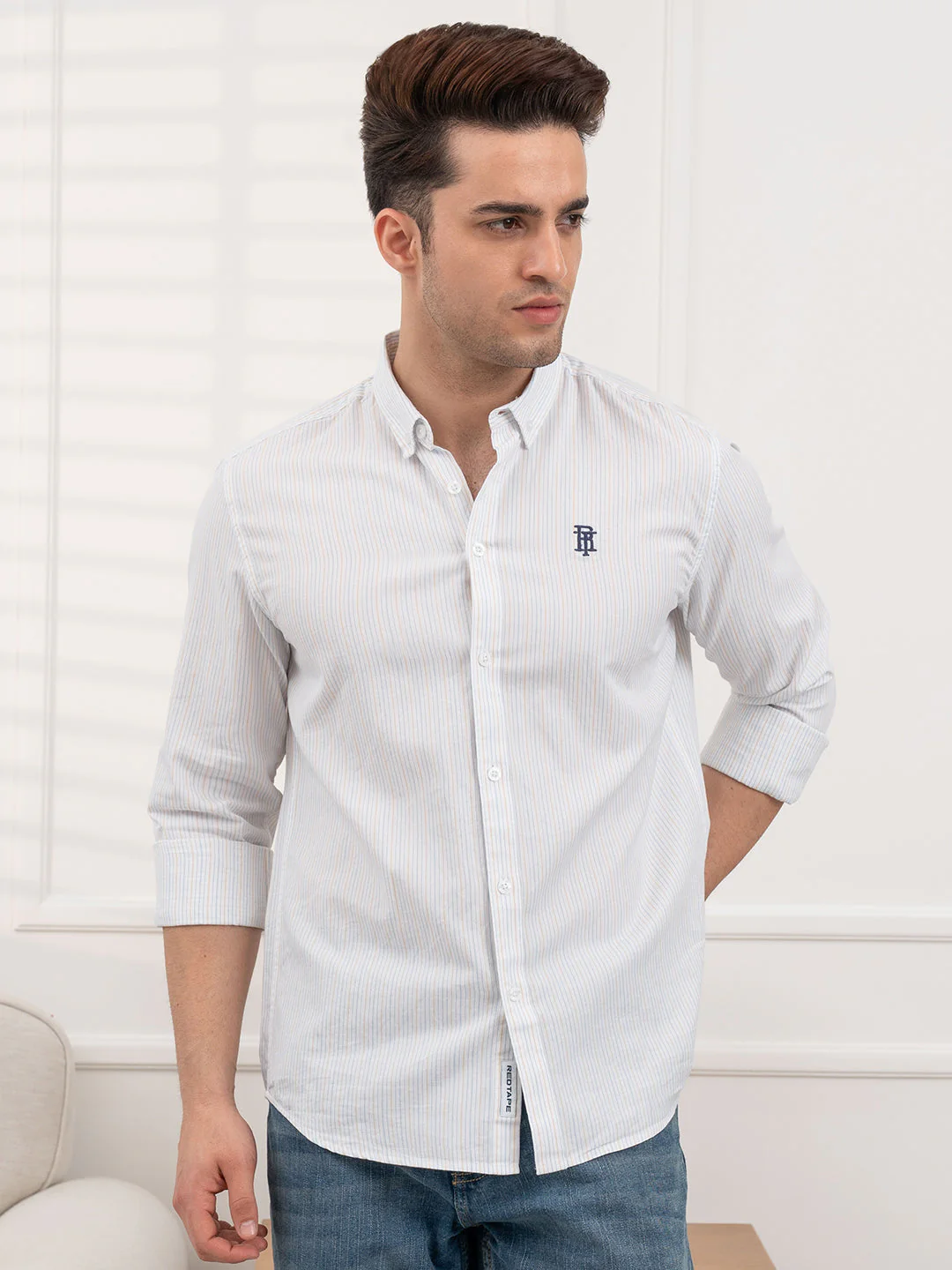 Men's Twill Shirt | Yellow Striped Casual Comfort Wear - Image 6