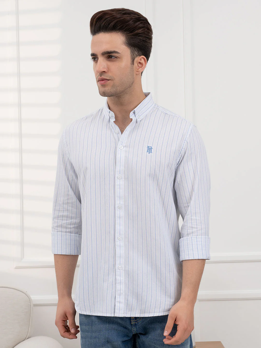 Men's Twill Shirt | Blue Striped Casual Comfort Wear - Image 2