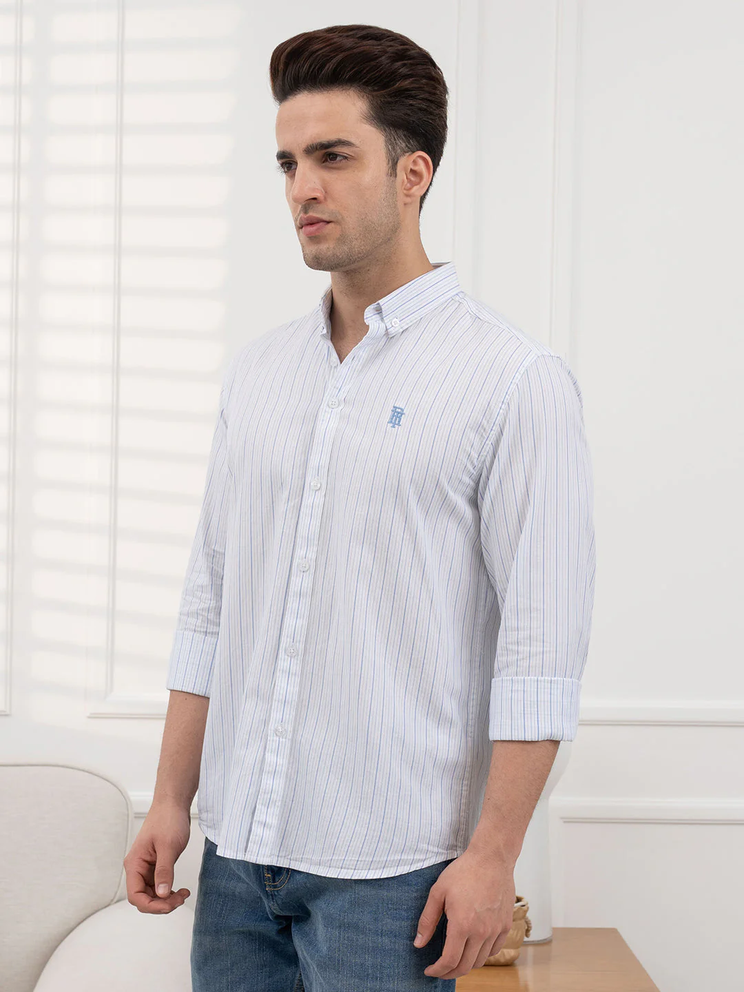 Men's Twill Shirt | Blue Striped Casual Comfort Wear - Image 3