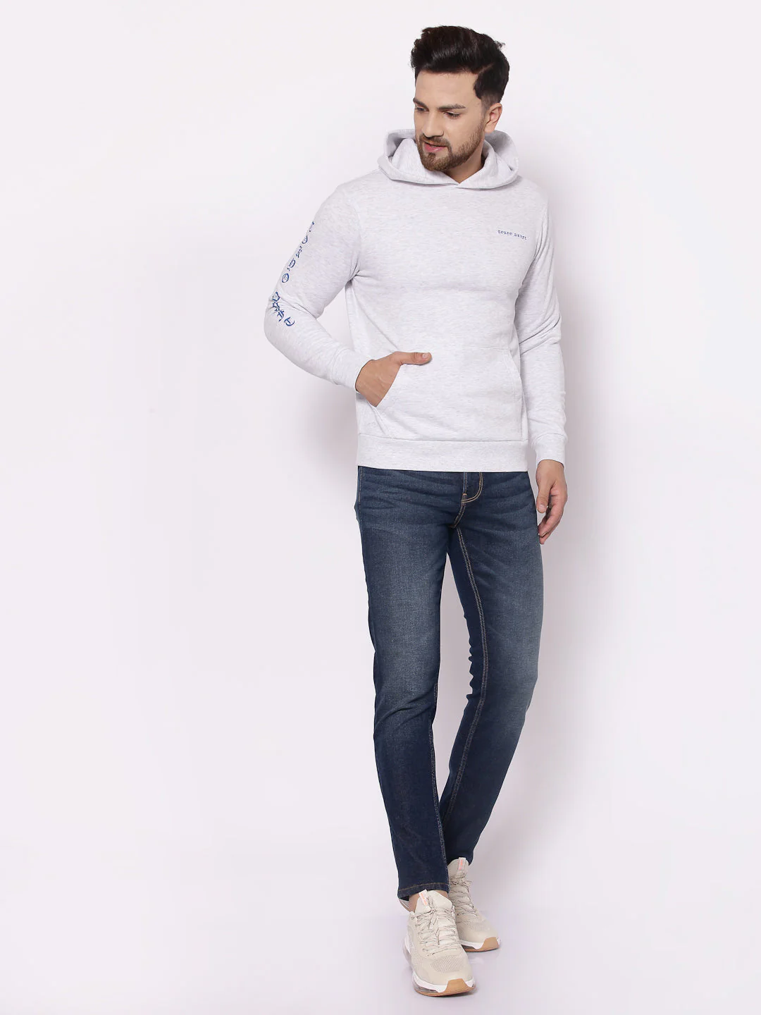 Men's Typographic Light Grey Melange Hoodies - Image 4