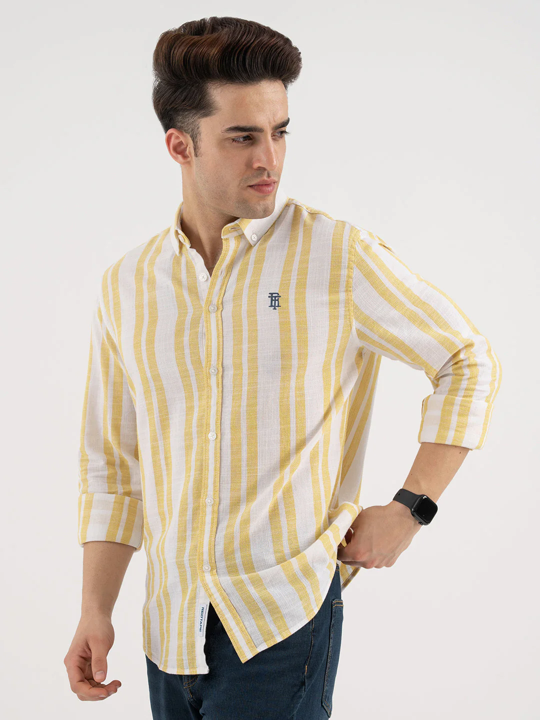 Menâ€™s Yellow Casual Stripe Shirt - Image 2