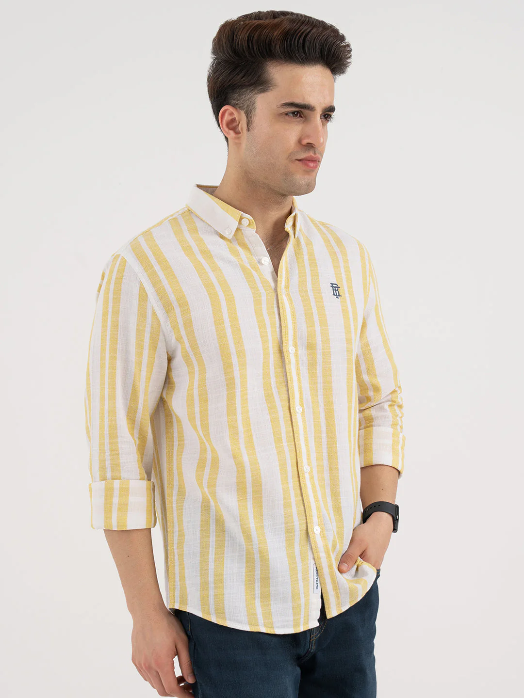 Menâ€™s Yellow Casual Stripe Shirt - Image 6