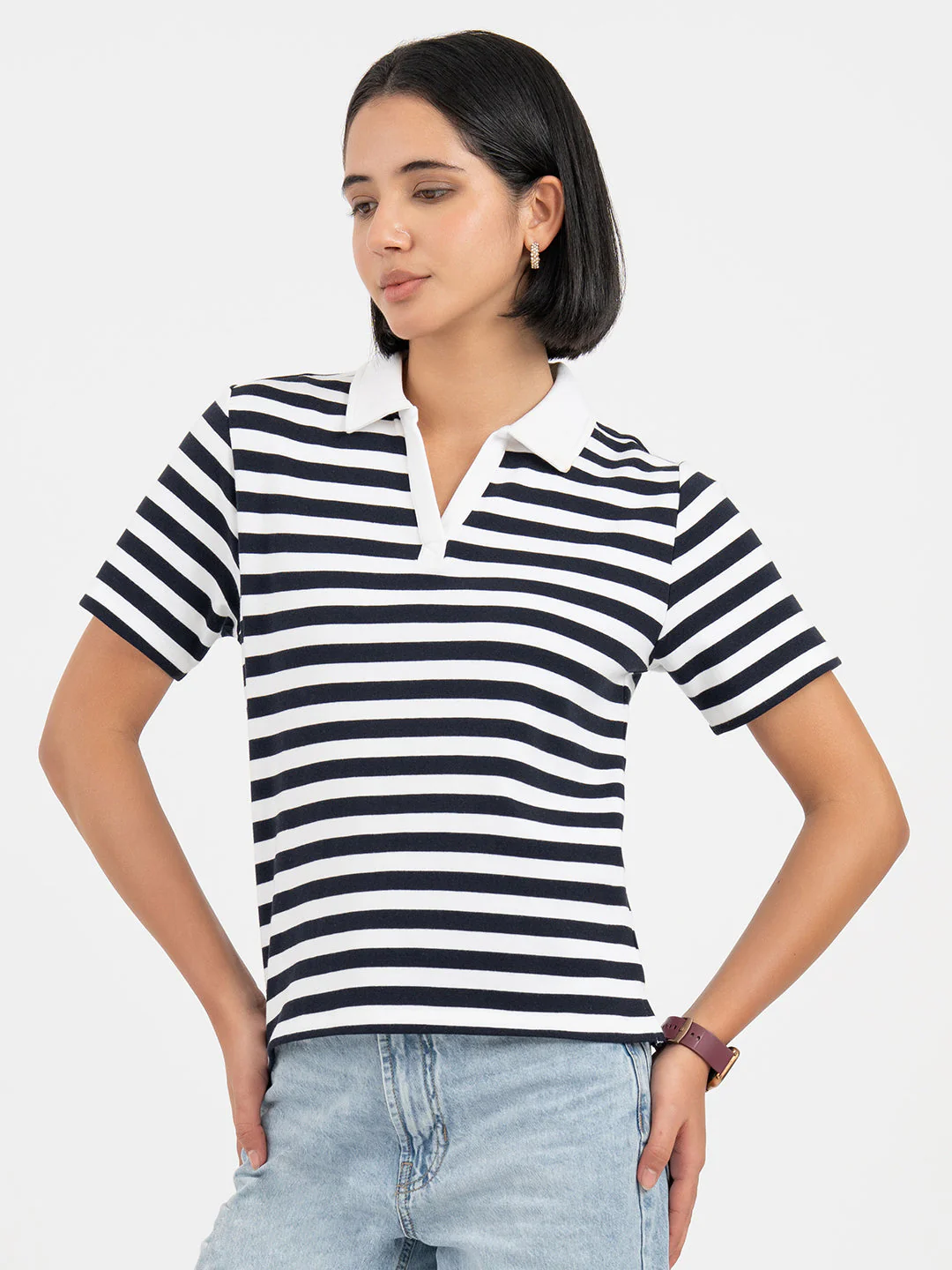 Navy and White Polo T-Shirt for Women - Image 2
