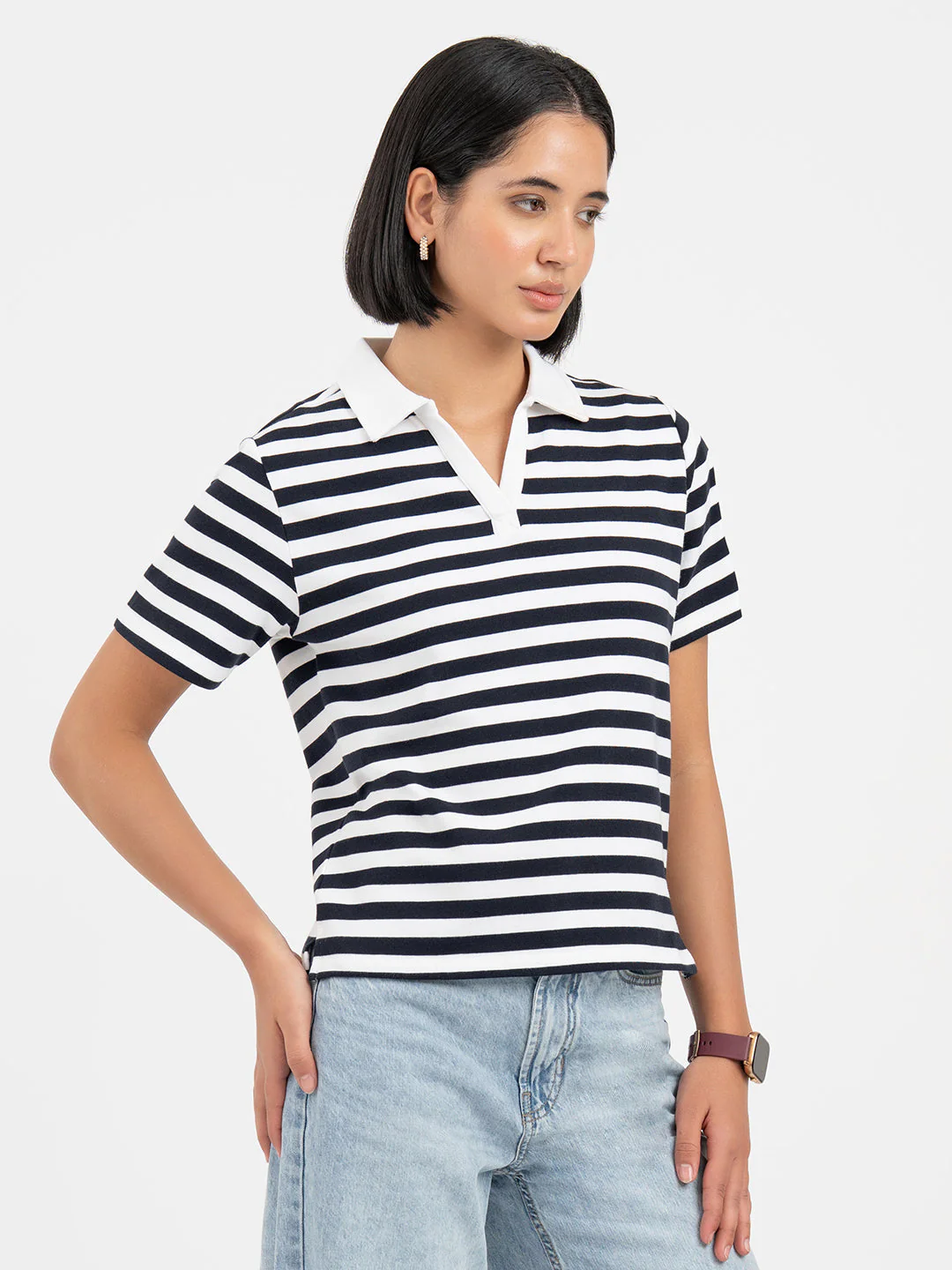 Navy and White Polo T-Shirt for Women - Image 6