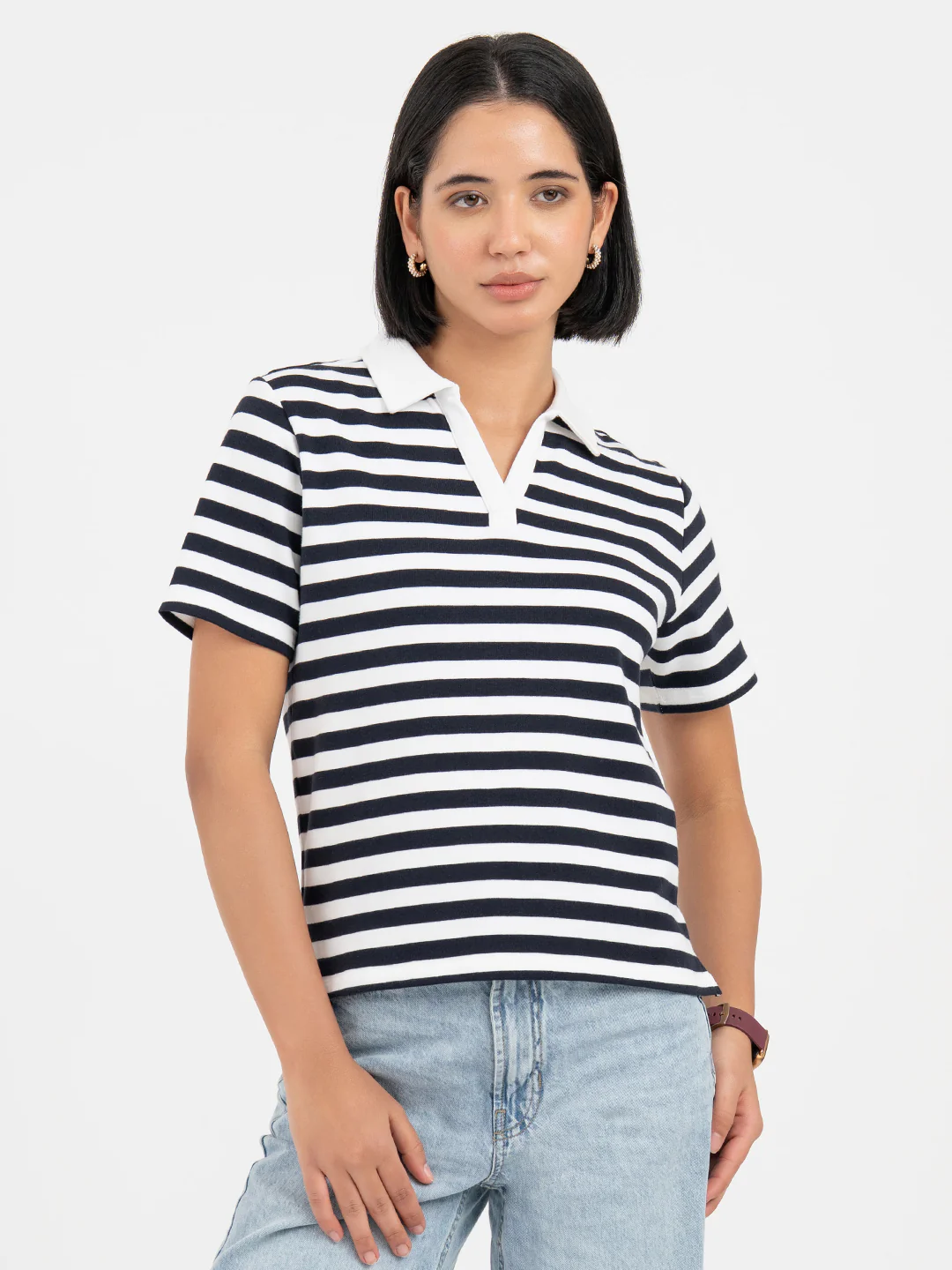 Navy and White Polo T-Shirt for Women - Image 7