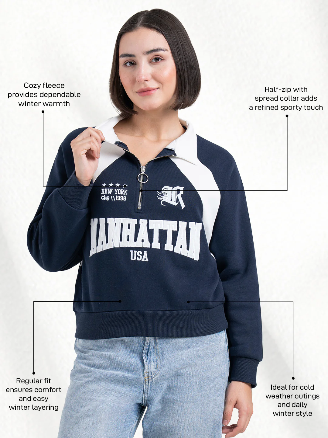 Navy Sweatshirt for Women | Winter Half Zip Style - Image 2