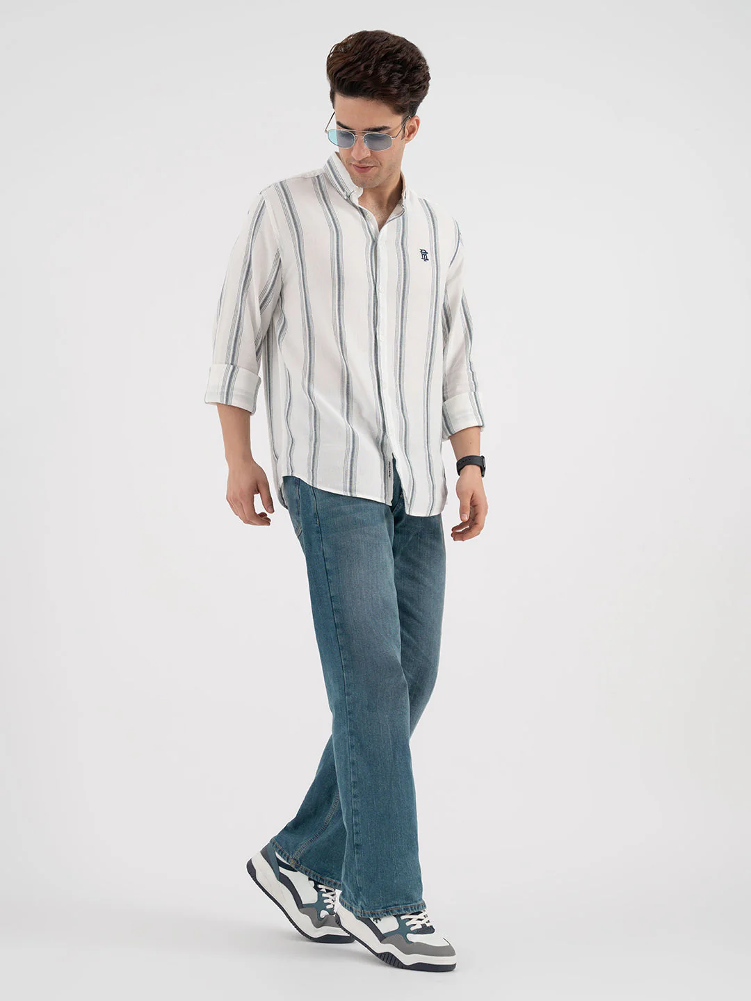 Red Tape Navy Green Striped Shirt for Men - Image 5