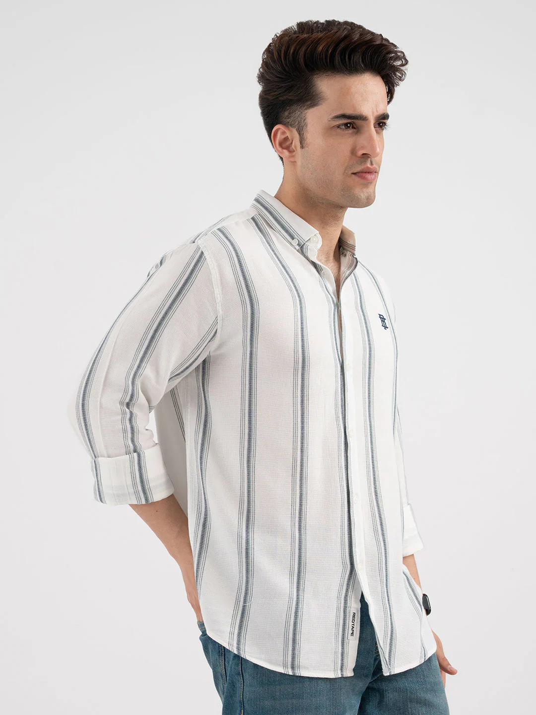 Red Tape Navy Green Striped Shirt for Men - Image 6